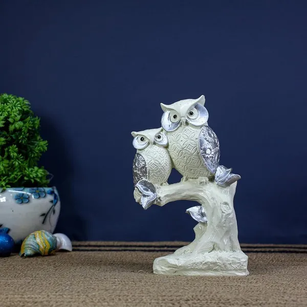 Polyresin_Owl_Set_of_2_Showpiece_for_Table_Decor,_White_and_Silver,_9_inch_Height