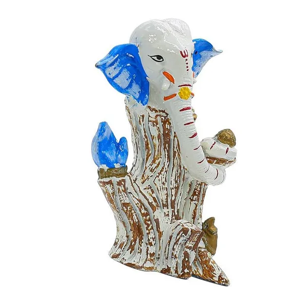 White_&_Blue_Ganesha_Idol_on_Tree_Log_|_Polyresin_Ganpati_Statue_for_Home_Decor,_Pooja_Room,_Car_Dashboard_&_Gift_|_Decorative_Ganesh_Murti_5_Inch
