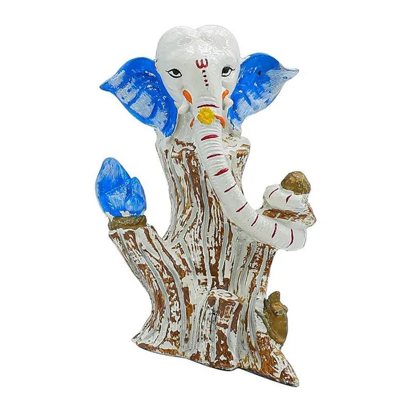 White_&_Blue_Ganesha_Idol_on_Tree_Log_|_Polyresin_Ganpati_Statue_for_Home_Decor,_Pooja_Room,_Car_Dashboard_&_Gift_|_Decorative_Ganesh_Murti_5_Inch