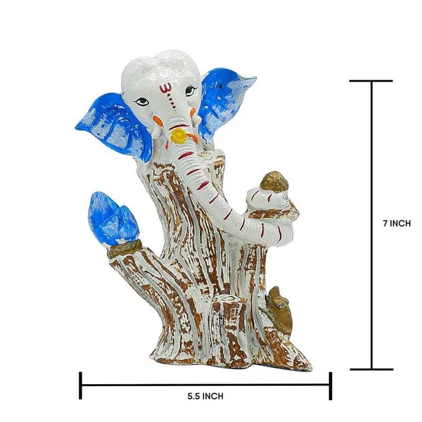 White_&_Blue_Ganesha_Idol_on_Tree_Log_|_Polyresin_Ganpati_Statue_for_Home_Decor,_Pooja_Room,_Car_Dashboard_&_Gift_|_Decorative_Ganesh_Murti_5_Inch