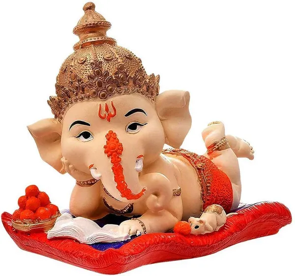 Baby_Ganesha_Idol_Reading_Book_with_Ladoo_Cute_Ganpati_Statue_for_Home_Decor,_Office_Desk_&_Gift,_Orange_Dhoti_Polyresin_Showpiece_6_Inch