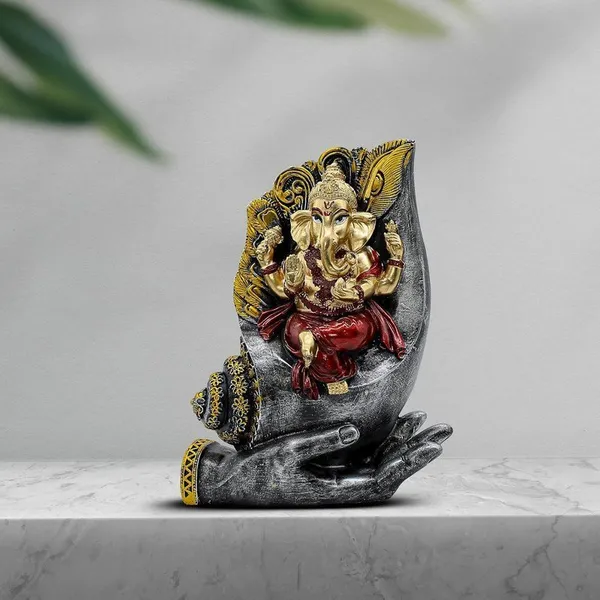 Ganesha_Sitting_on_Conch_Shell_Statue_-_Black_and_Red_-_Metal/Stone_-_Home/Office_Decor