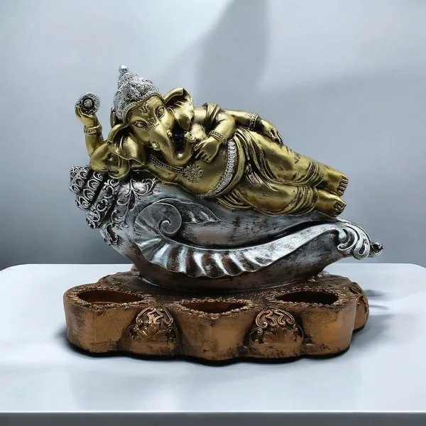 Gold_&_Silver_Ganesha_Statue_on_Conch_Shell_-_Decorative_Figurine_for_Home_&_Office