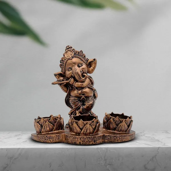 Polyresin_Ganesha_Flute_Tea_Light_Candle_Holder_Antique_Copper_Ganesha_Statue_with_3_Lotus_Tea_Lights_for_Puja_Room,_Home_Decor