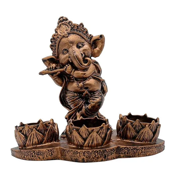 Polyresin_Ganesha_Flute_Tea_Light_Candle_Holder_Antique_Copper_Ganesha_Statue_with_3_Lotus_Tea_Lights_for_Puja_Room,_Home_Decor