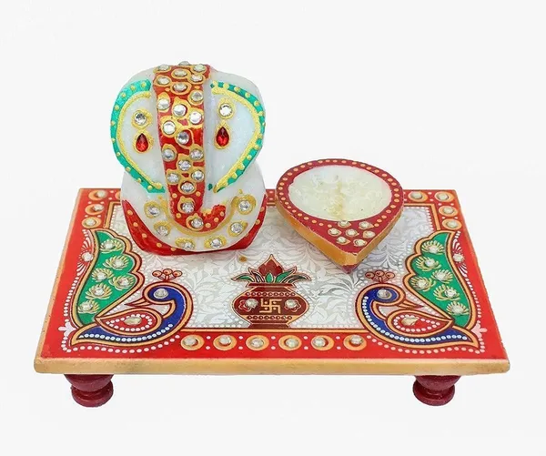 Handcrafted_Marble_Ganesha_Chowki_with_Diya_Decorative_PUJA_Thali_Set_for_Roli,_Chawal,_Temple_&_Home_decor