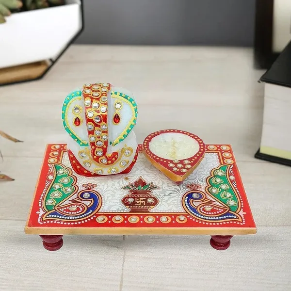 Handcrafted_Marble_Ganesha_Chowki_with_Diya_Decorative_PUJA_Thali_Set_for_Roli,_Chawal,_Temple_&_Home_decor