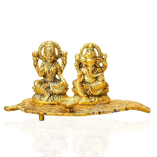 Brass_Lakshmi_Ganesha_Diya_Holder_on_Leaf_Puja_Plate_GoldTone_for_Giftin_and_Home_Decor
