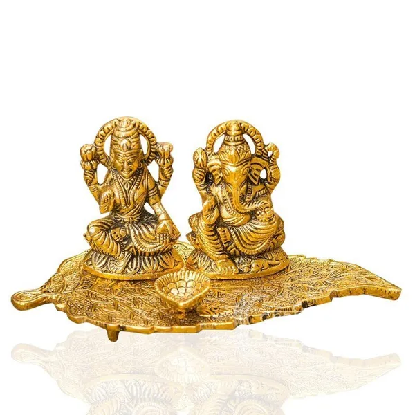 Brass_Lakshmi_Ganesha_Diya_Holder_on_Leaf_Puja_Plate_GoldTone_for_Giftin_and_Home_Decor