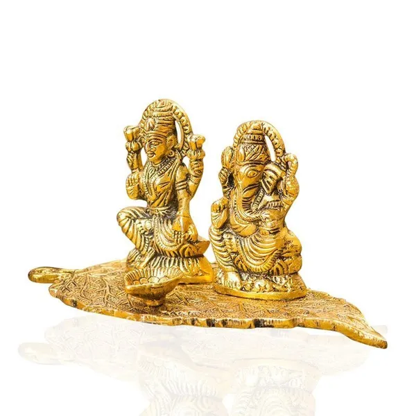 Brass_Lakshmi_Ganesha_Diya_Holder_on_Leaf_Puja_Plate_GoldTone_for_Giftin_and_Home_Decor