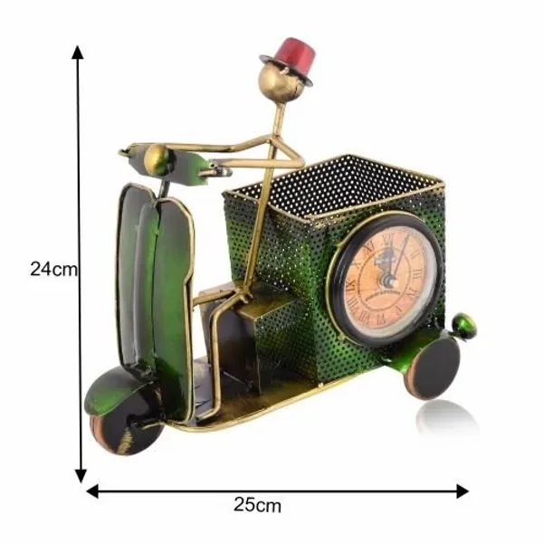 Metal_Green_Scooter_Pen_Stand_with_Clock_|_Handcrafted_Desk_Organizer_|_Stylish_Table_Decor_for_Home_&_Office