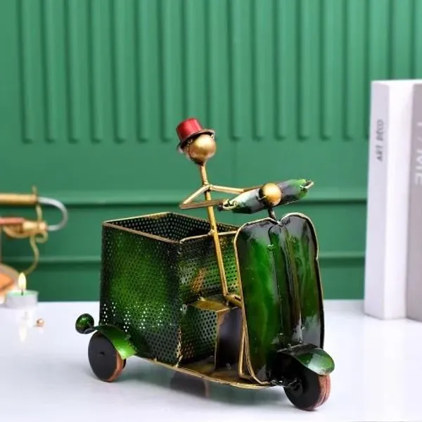 Metal_Green_Scooter_Pen_Stand_with_Clock_|_Handcrafted_Desk_Organizer_|_Stylish_Table_Decor_for_Home_&_Office