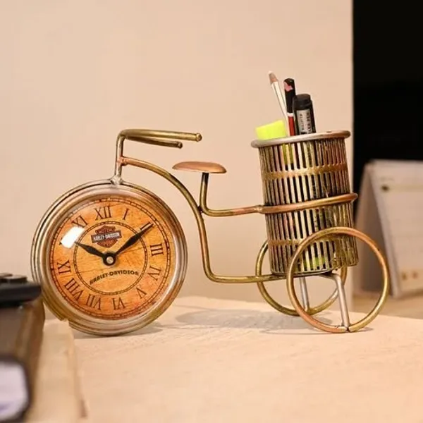 Golden_Decorative_Cycle_Pen_Stand_with_Clock_|_Elegant_Metal_Desk_Organizer_for_Office_&_Corporate_Gifting