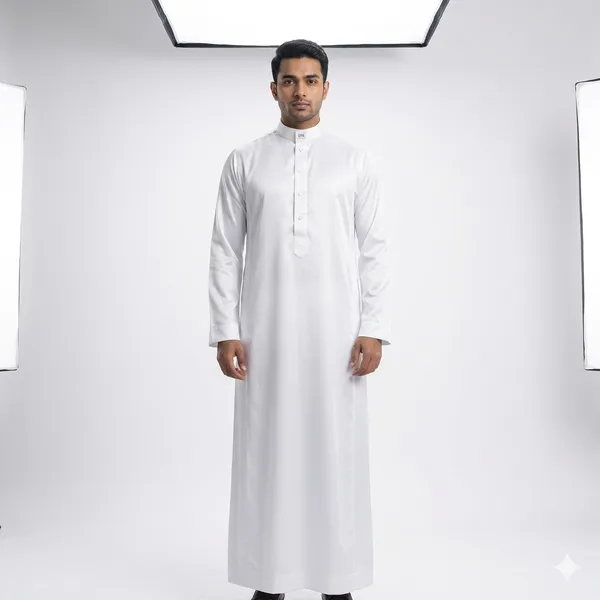 Plane_White_Satan_Fabric_Premium_Full_Sleeve_Thawb_For_Men