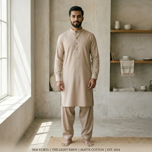Men's_Light_Fawn_Solid_Matte_Cotton_Kurta_Shalwar_Set
