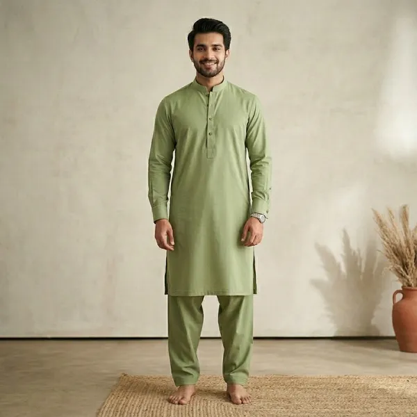 Men's_Olive_Green_Solid_Cotton_Kurta_Salwar_Set