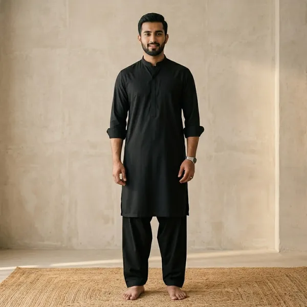 Men's_Jet_Black_Solid_Cotton_Kurta_Salwar_Set