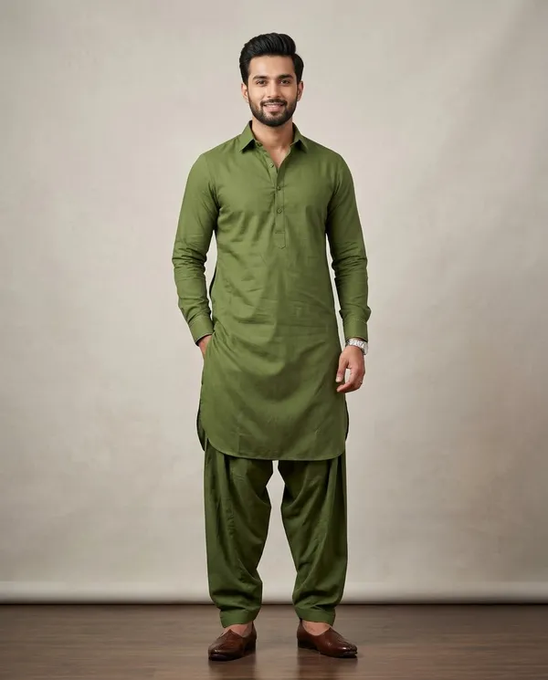 Earthy_Olive_Green_Cotton_Pathani_Suit