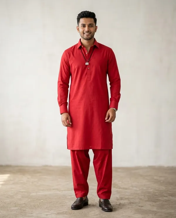 Vibrant_Red_Cotton_Pathani_Suit