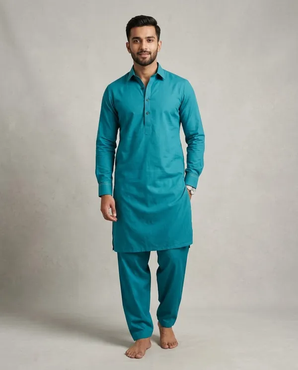 Vibrant_Teal_Cotton_Pathani_Suit