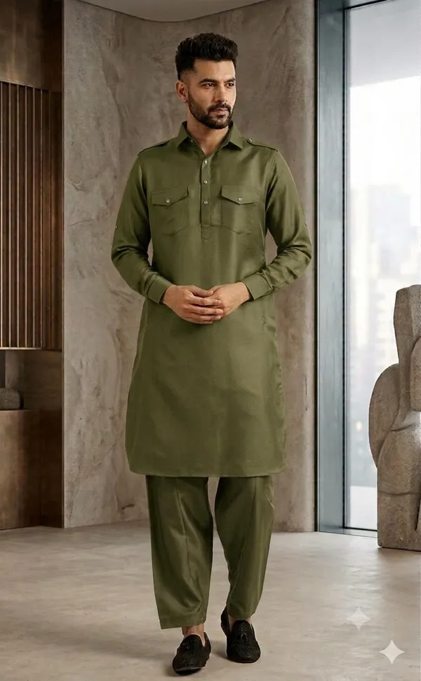 Luxury_Olive_Green_Pathani_Suit_for_Men_|_Full_Sleeve_Kurta_with_Matching_Shalwar_|_Traditional_Islamic_Wear