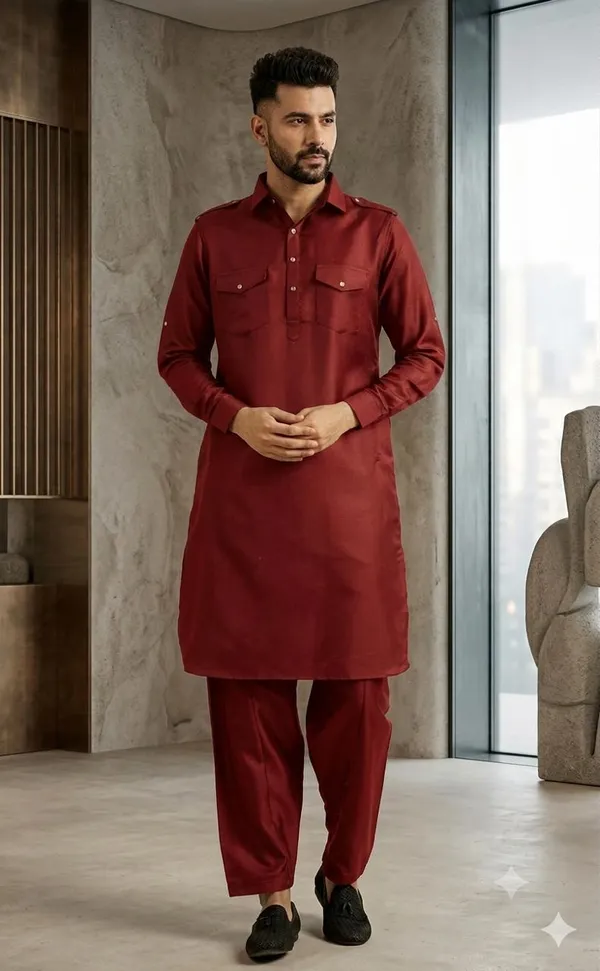 Luxury_Maroon_Pathani_Suit_for_Men_|_Full_Sleeve_Kurta_with_Matching_Shalwar_|_Traditional_Islamic_Wear