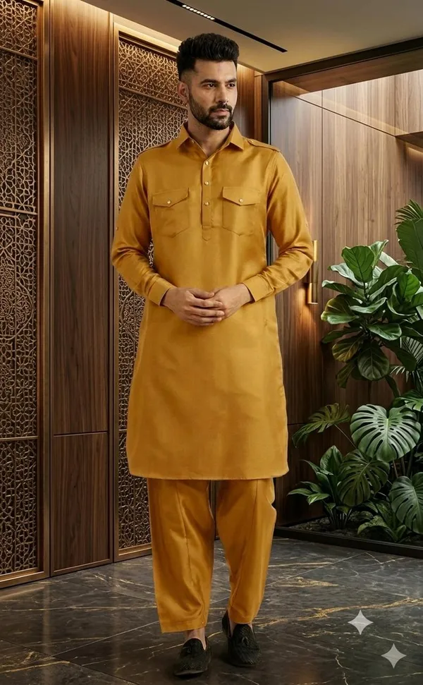 Men's_Premium_Mustard_Yellow_Pathani_Kurta_Shalwar_Set_|_Classic_Ethnic_Wear_for_Festive_&_Casual_Occasions