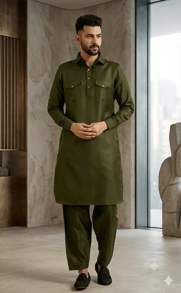 Men's_Premium_Olive_Green_Pathani_Kurta_Shalwar_Set_|_Classic_Ethnic_Wear_for_Festive_&_Casual_Occasions