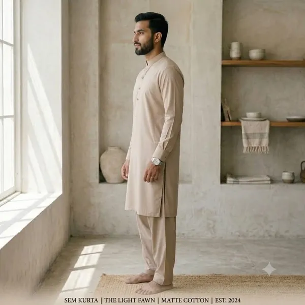 Men's_Light_Fawn_Solid_Matte_Cotton_Kurta_Shalwar_Set