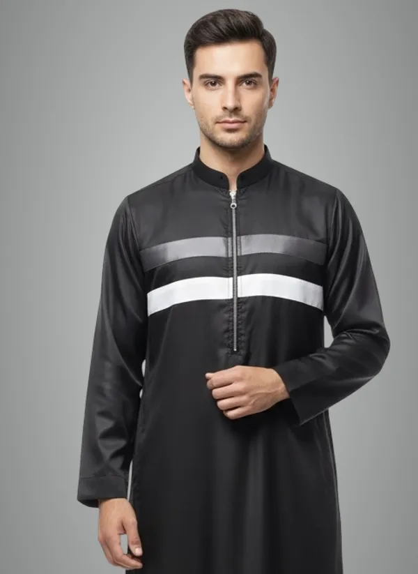 Royal_Black_Satan_Fabric_Premium_Full_Sleeve_Thawb_For_Men