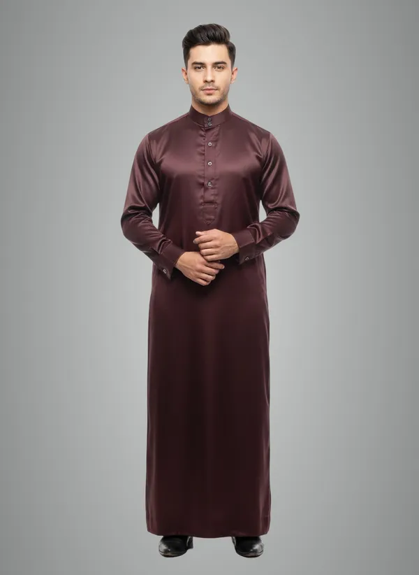 Maroon_Satan_Fabric_Premium_Full_Sleeve_Thawb_For_Men