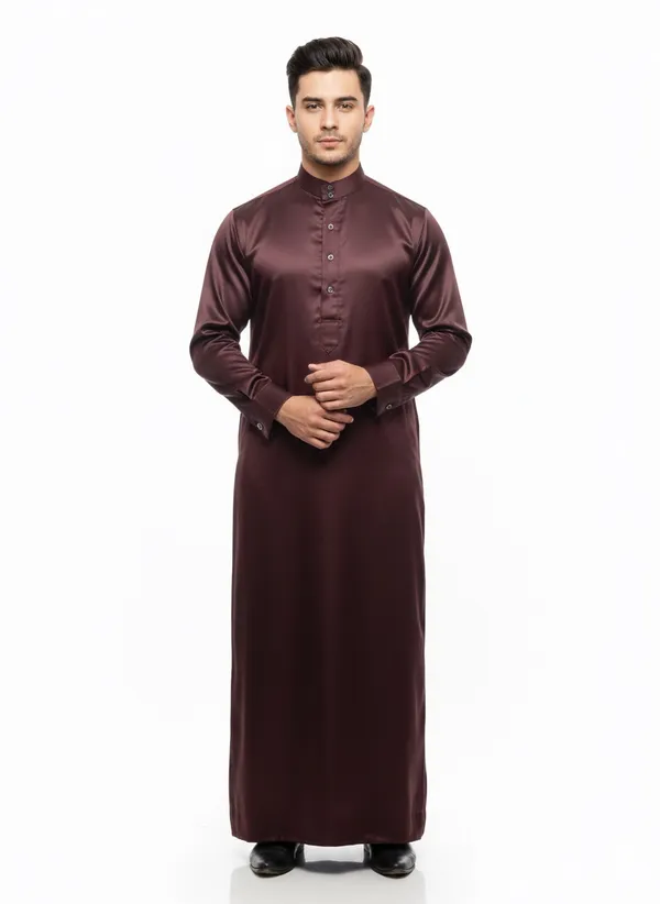Maroon_Satan_Fabric_Premium_Full_Sleeve_Thawb_For_Men