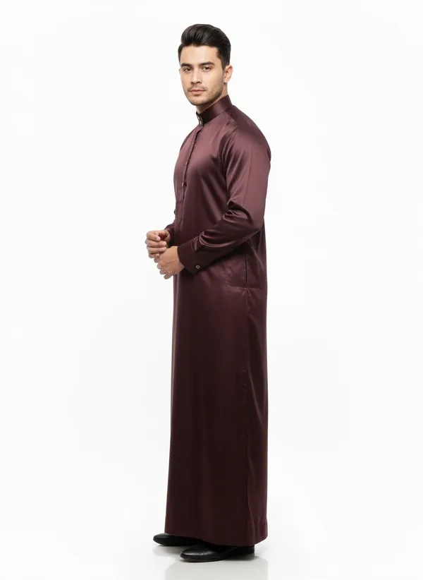Maroon_Satan_Fabric_Premium_Full_Sleeve_Thawb_For_Men