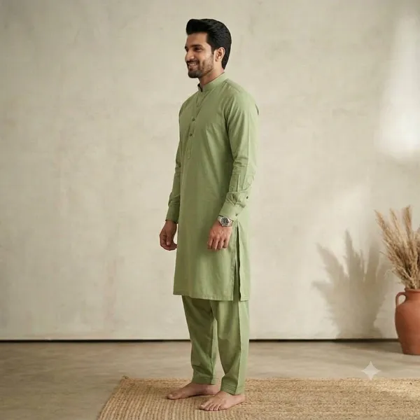 Men's_Olive_Green_Solid_Cotton_Kurta_Salwar_Set