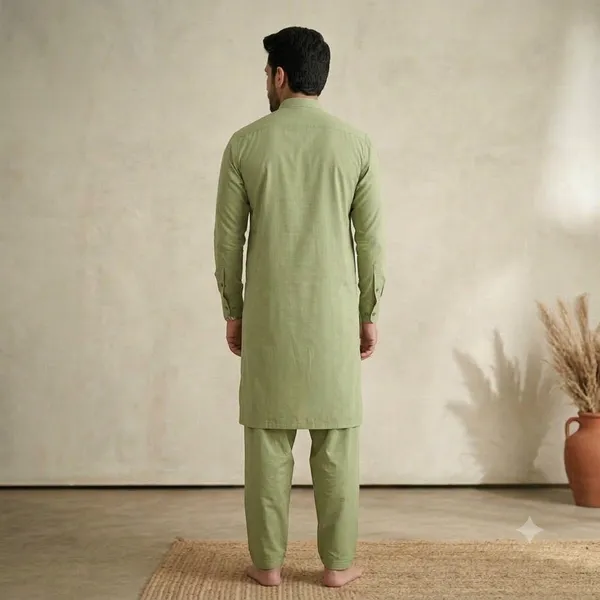 Men's_Olive_Green_Solid_Cotton_Kurta_Salwar_Set