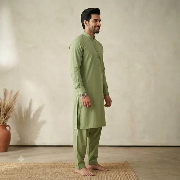 Men's_Olive_Green_Solid_Cotton_Kurta_Salwar_Set