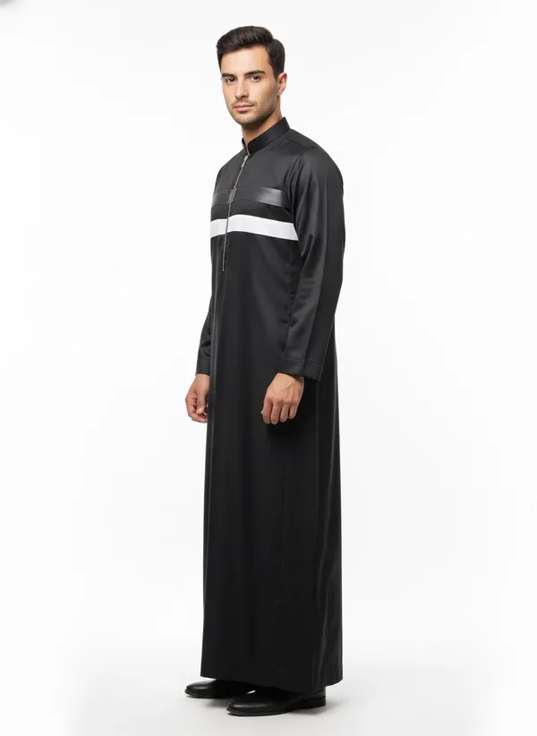 Royal_Black_Satan_Fabric_Premium_Full_Sleeve_Thawb_For_Men