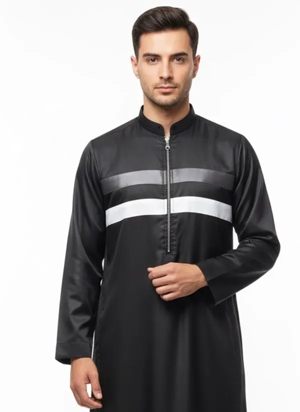 Royal_Black_Satan_Fabric_Premium_Full_Sleeve_Thawb_For_Men