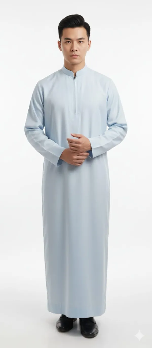Light_Blue_Satan_Fabric_Premium_Full_Sleeve_Thawb_For_Men