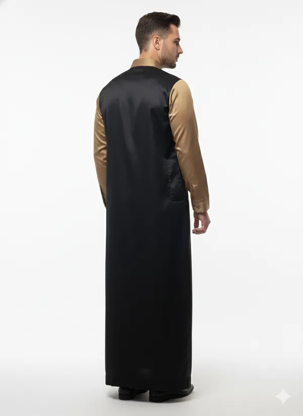 Men?s_Modern_Two-Tone_Thobe_|_Black_and_Gold_Emirati_Style_Jubba_|_Luxury_Satin-Finish_Arabic_Robe