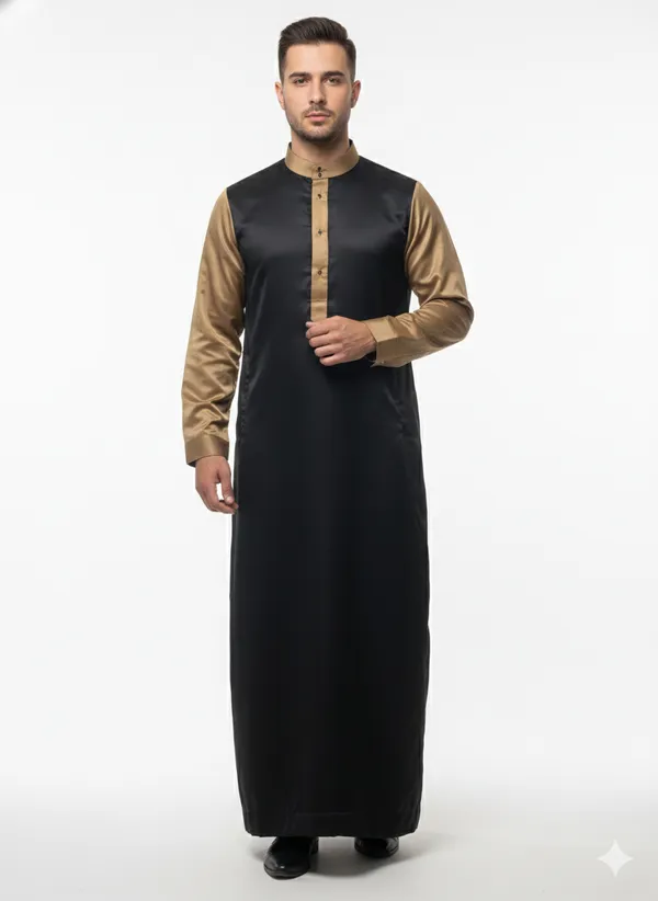 Men?s_Modern_Two-Tone_Thobe_|_Black_and_Gold_Emirati_Style_Jubba_|_Luxury_Satin-Finish_Arabic_Robe