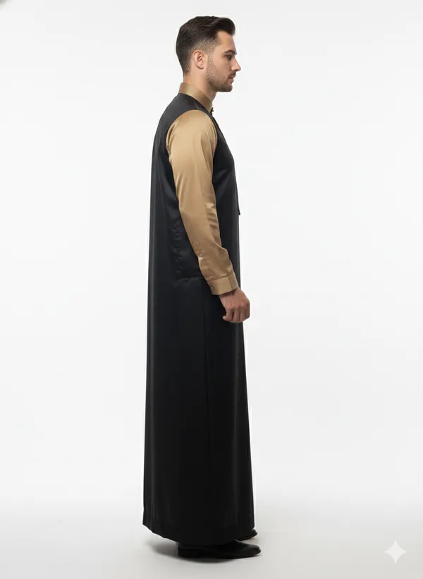 Men?s_Modern_Two-Tone_Thobe_|_Black_and_Gold_Emirati_Style_Jubba_|_Luxury_Satin-Finish_Arabic_Robe