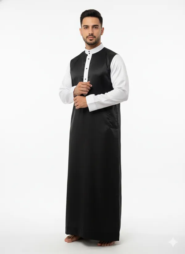 Men?s_Tuxedo-Style_Modern_Thobe_|_Black_&_White_Contrast_Emirati_Jubba_|_Luxury_Satin-Finish_Arabic_Robe