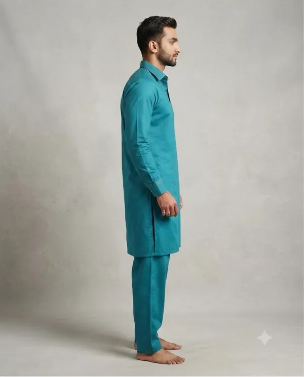 Vibrant_Teal_Cotton_Pathani_Suit