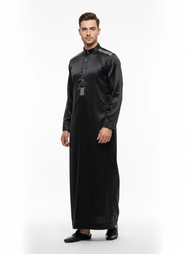 Black_Elegant_Satan_Fabric_Premium_Full_Sleeve_Thawb_For_Men