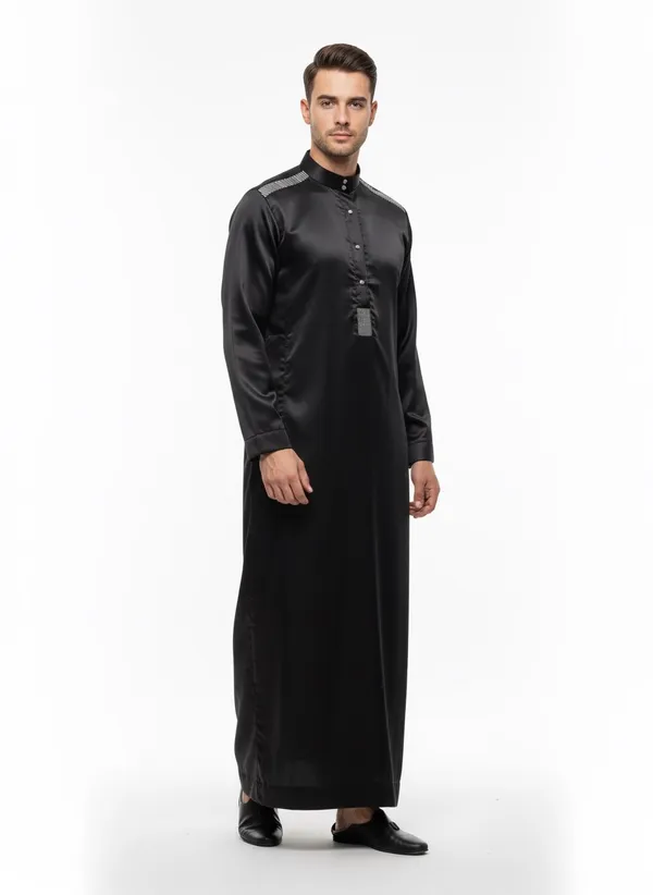 Black_Elegant_Satan_Fabric_Premium_Full_Sleeve_Thawb_For_Men