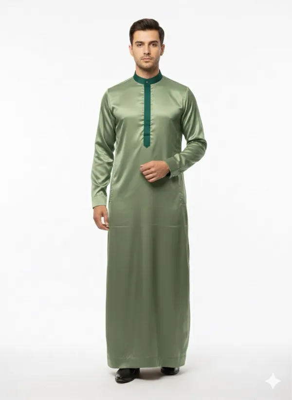 Light_Green_Satan_Fabric_Premium_Full_Sleeve_Thawb_For_Men