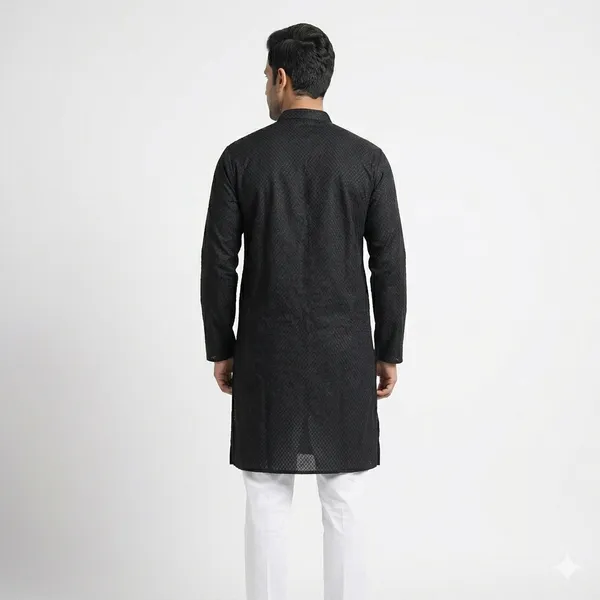 Men's_Premium_Black_Textured_Kurta_|_Stylish_Contrast_White_Buttons_|_Festive_Wear