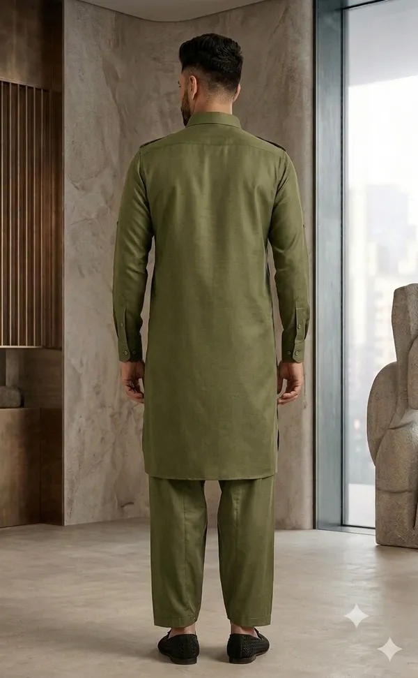 Luxury_Olive_Green_Pathani_Suit_for_Men_|_Full_Sleeve_Kurta_with_Matching_Shalwar_|_Traditional_Islamic_Wear