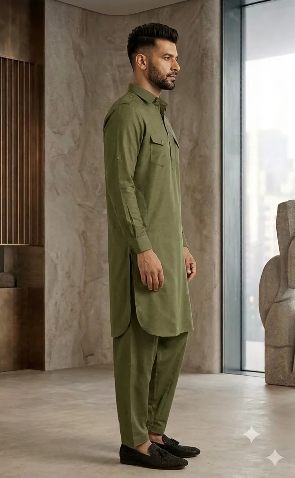 Luxury_Olive_Green_Pathani_Suit_for_Men_|_Full_Sleeve_Kurta_with_Matching_Shalwar_|_Traditional_Islamic_Wear